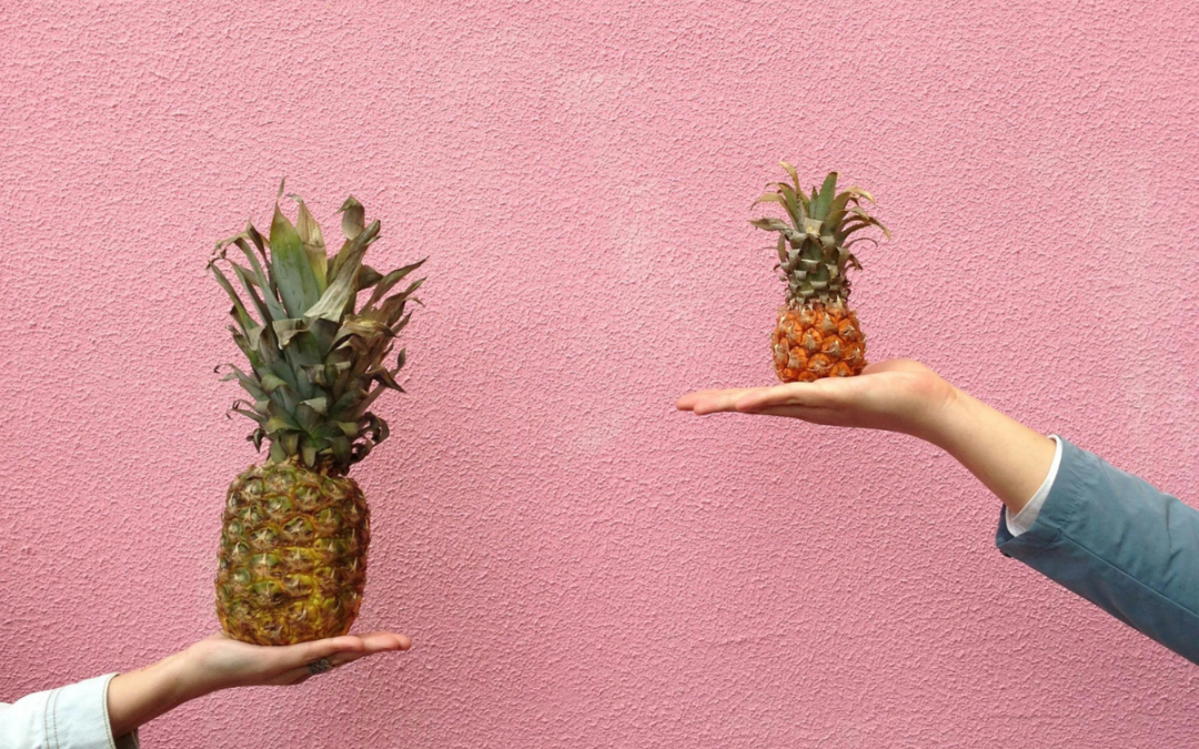 two arms holding different size pineapples in there palms, against a pink background to represent comparable book covers.