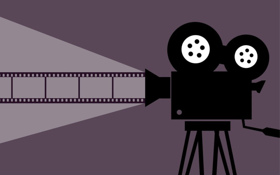 graphic of an old fashioned film camera to represent video format and using a book trailer in your marketing plan.